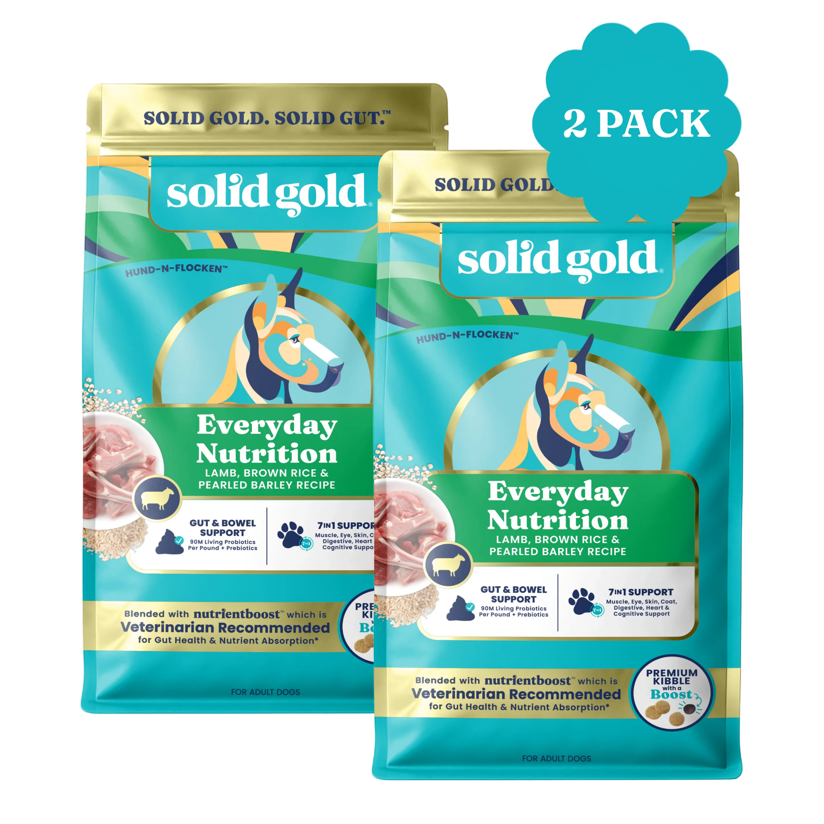 Two bags of Solid Gold Hund-N-Flocken Lamb Dry Food for adult dogs, featuring a blue and green design.