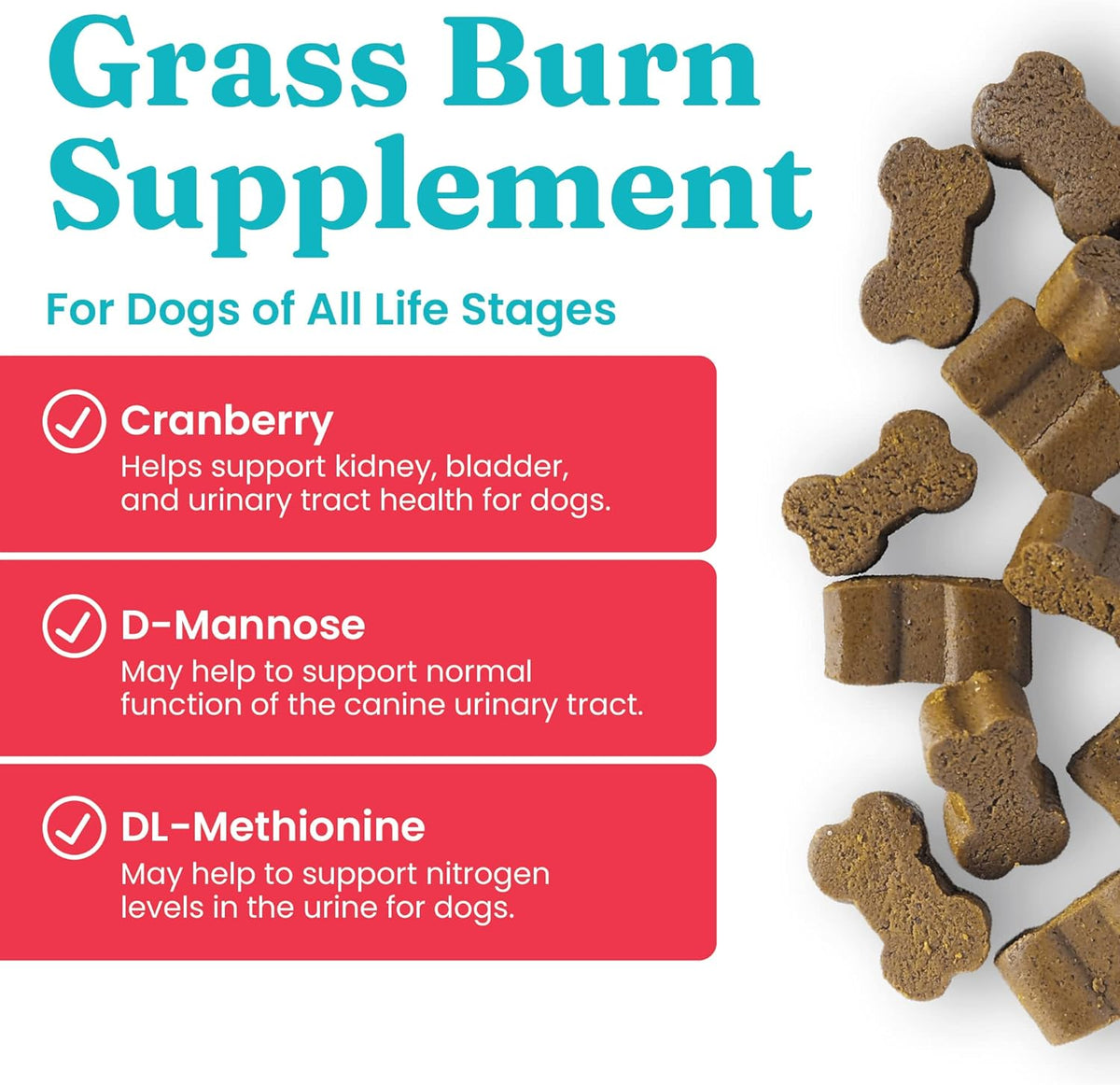Brown bone-shaped chews scattered on a surface, with text highlighting benefits of cranberry, D-mannose, and DL-methionine fo