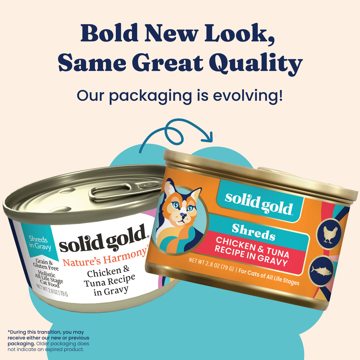 Two cans of cat food featuring chicken and tuna shreds in gravy, showcasing new packaging designs.