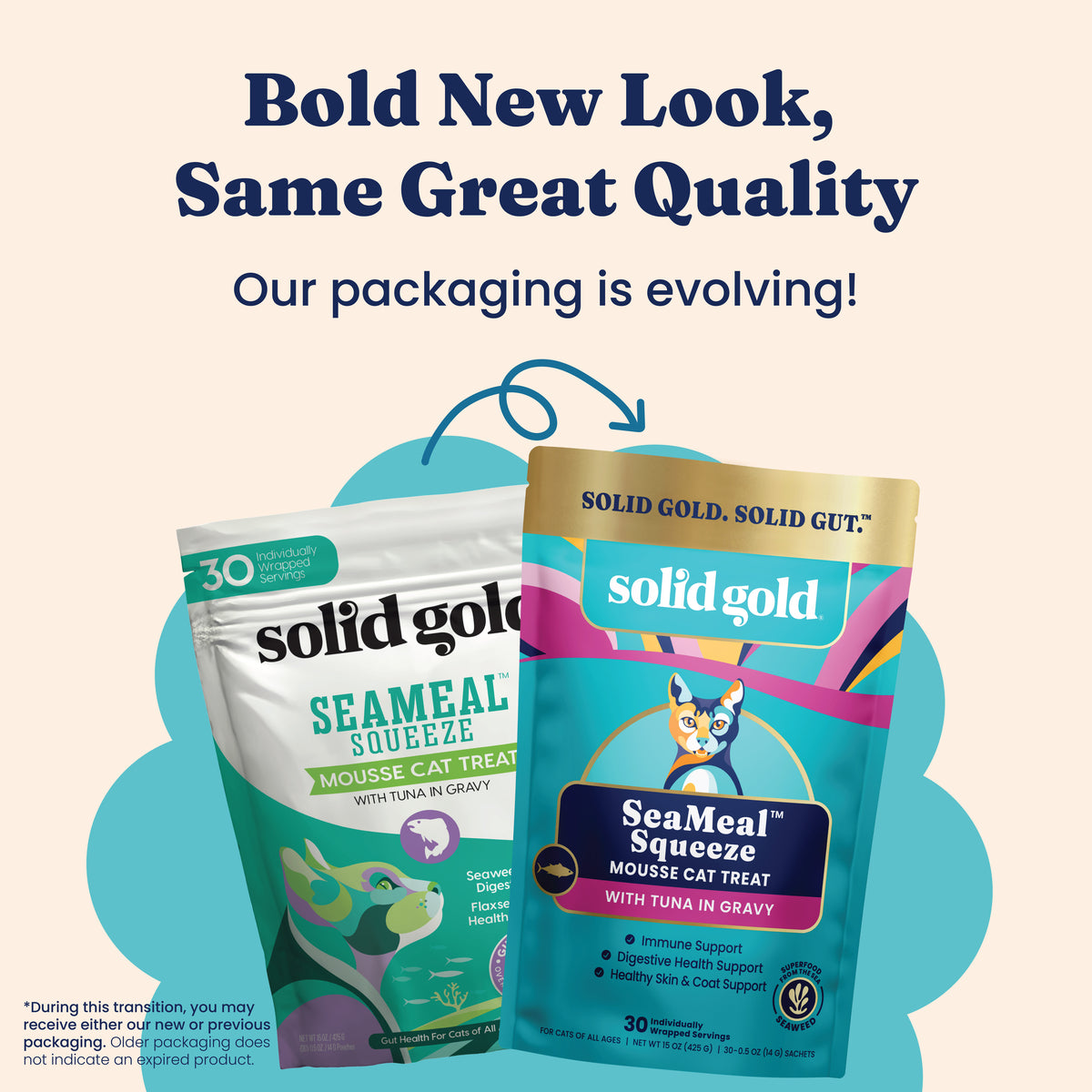 Two pouches of SeaMeal™ Squeezeable Tuna Mousse Treat for Cats, showcasing updated packaging designs.