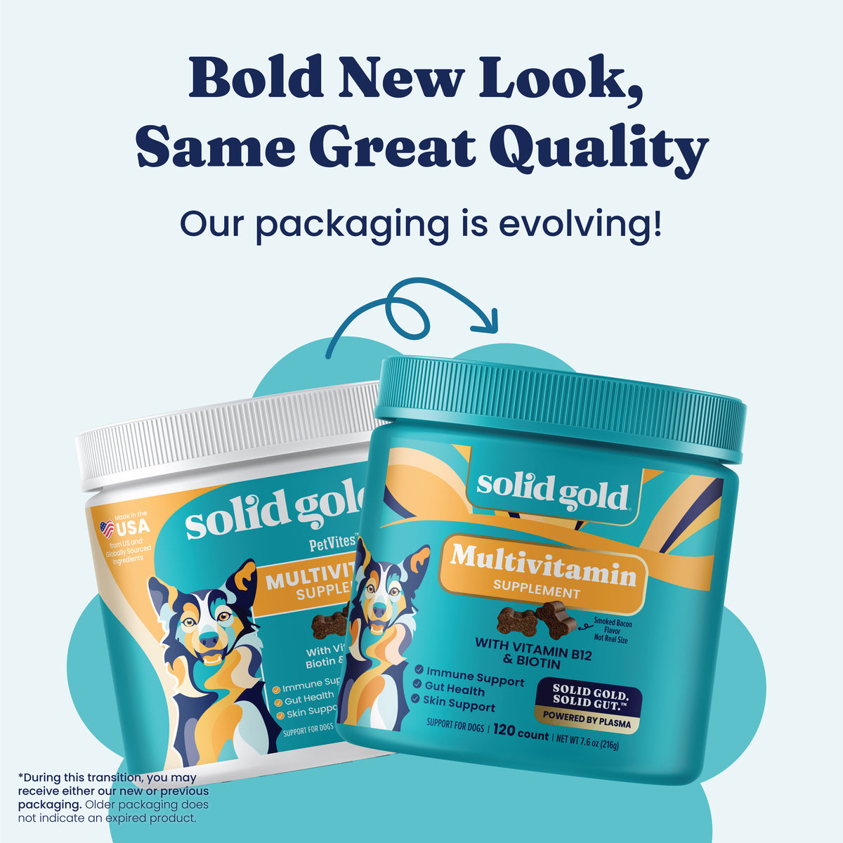 Two containers of multivitamin chews for dogs, featuring updated packaging designs and product information.