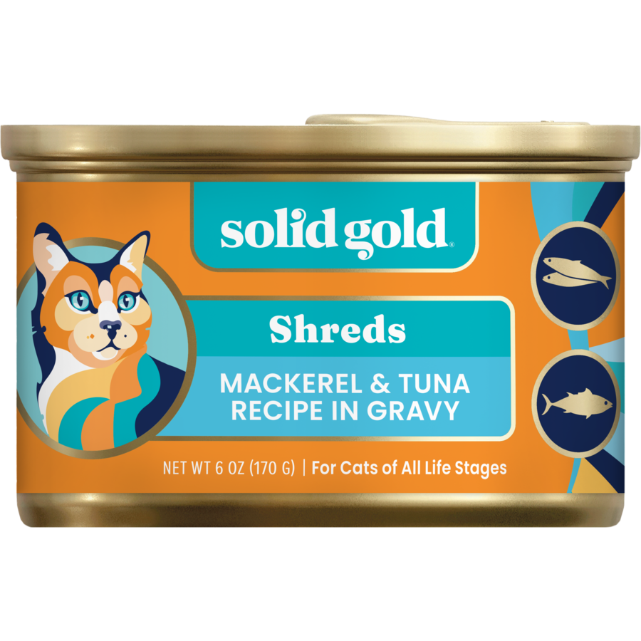 Canned cat food featuring mackerel and tuna in gravy, labeled for all life stages.