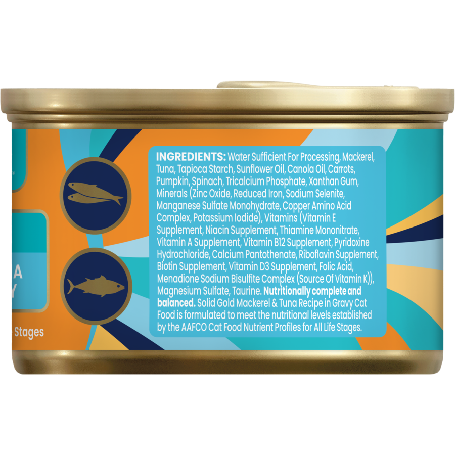 Wet cat food can featuring mackerel and tuna with a list of ingredients on the side.