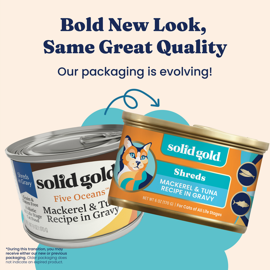 Two cans of cat food labeled "Mackerel & Tuna Recipe in Gravy" with updated packaging designs.