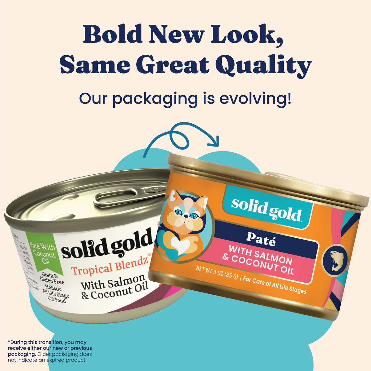 Two cans of cat wet food featuring new packaging designs, labeled with "Paté with Salmon & Coconut Oil" and "Tropical Blendz.