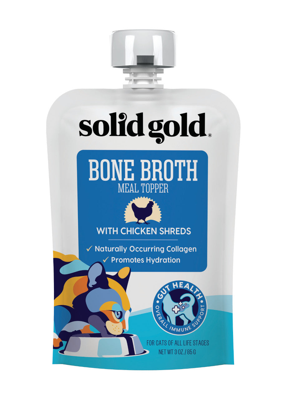 Pouch of chicken bone broth meal topper for cats, featuring chicken shreds and hydration benefits.