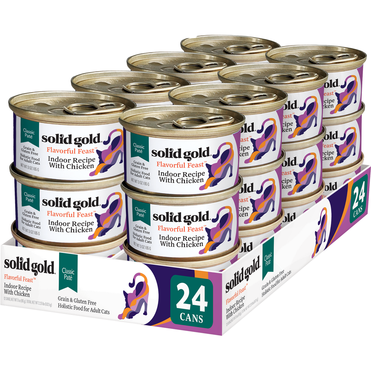 Pack of 24 cans of chicken wet food for cats, featuring a classic pâté texture and grain-free formula.