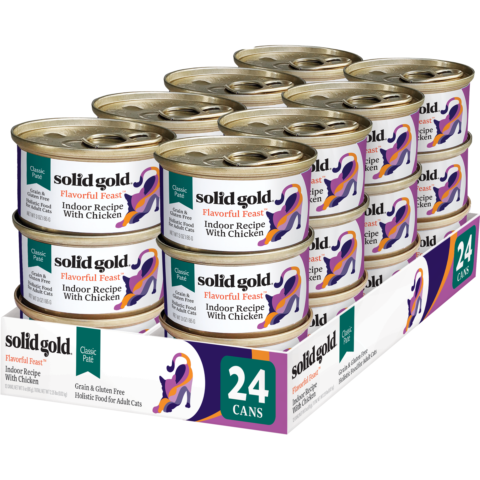 Pack of 24 cans of chicken wet food for cats, featuring a classic pâté texture and grain-free formula.