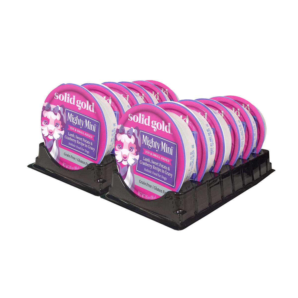 Pack of twelve cups of Mighty Mini lamb wet food for toy and small dogs, featuring a purple and pink design.