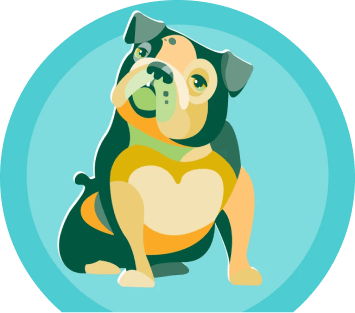 Cartoon bulldog character with a blue circular background