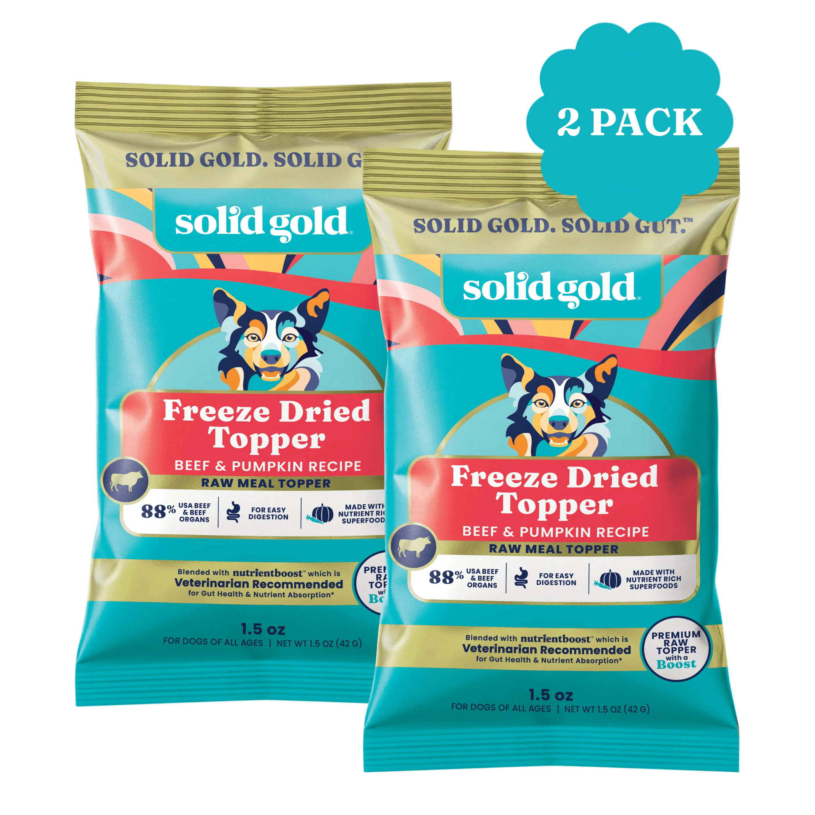 Two bags of freeze-dried raw bacon meal topper for dogs, beef and pumpkin recipe, 1.5 oz each.
