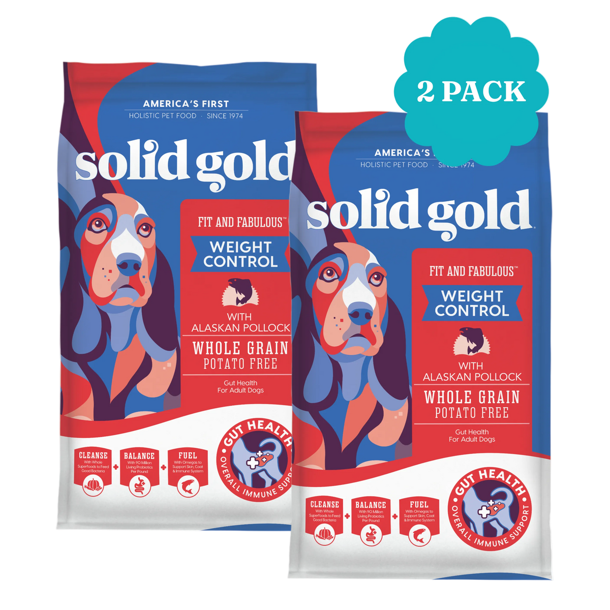 Two bags of Solid Gold Fit and Fabulous Alaskan Pollock dry dog food, featuring weight control and whole grain, potato-free f