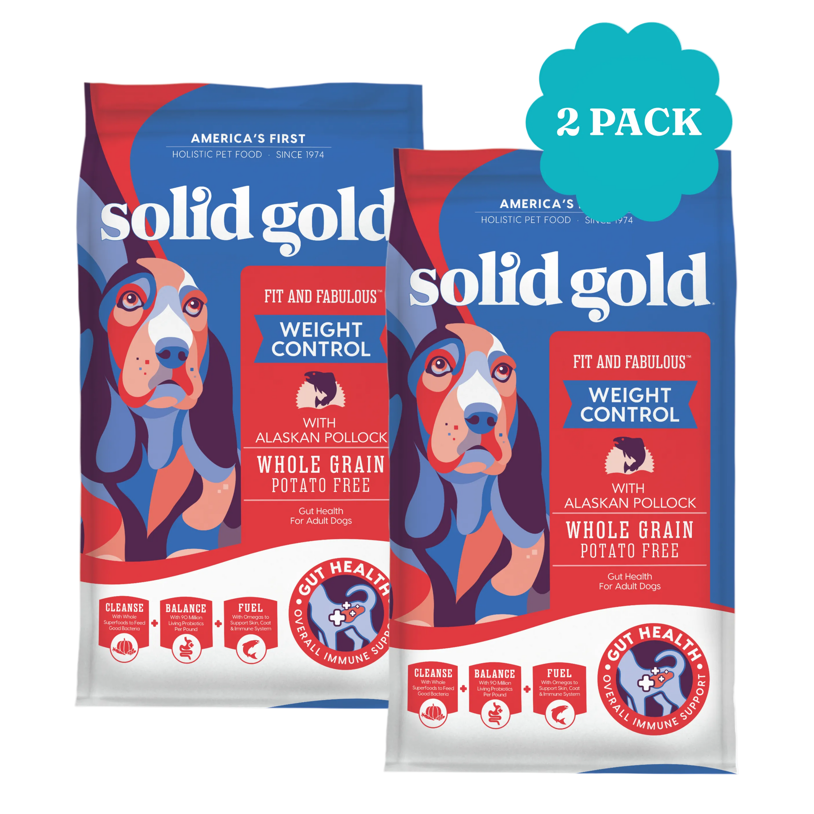Two bags of Solid Gold Fit and Fabulous Alaskan Pollock dry dog food, featuring weight control and whole grain, potato-free f
