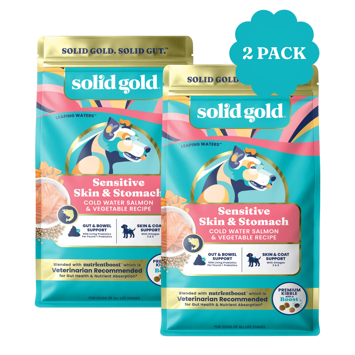 Two bags of Solid Gold Sensitive Skin & Stomach dry dog food, featuring cold water salmon and vegetable recipe.
