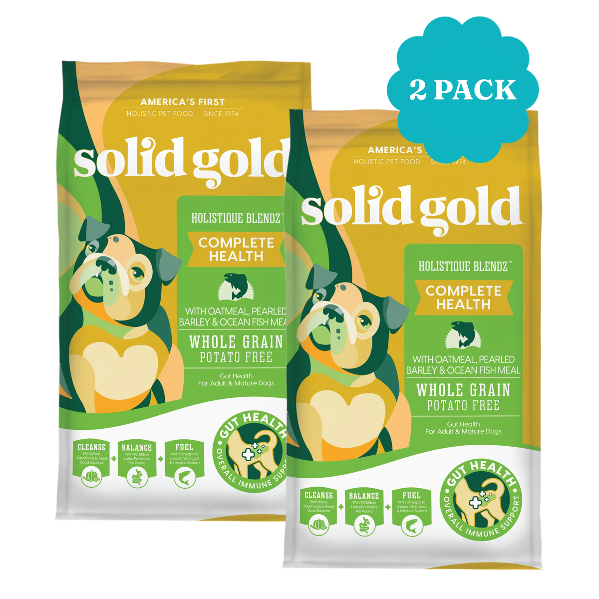 Two bags of Solid Gold Holistique Blendz dry dog food featuring a dog illustration and information about ingredients.