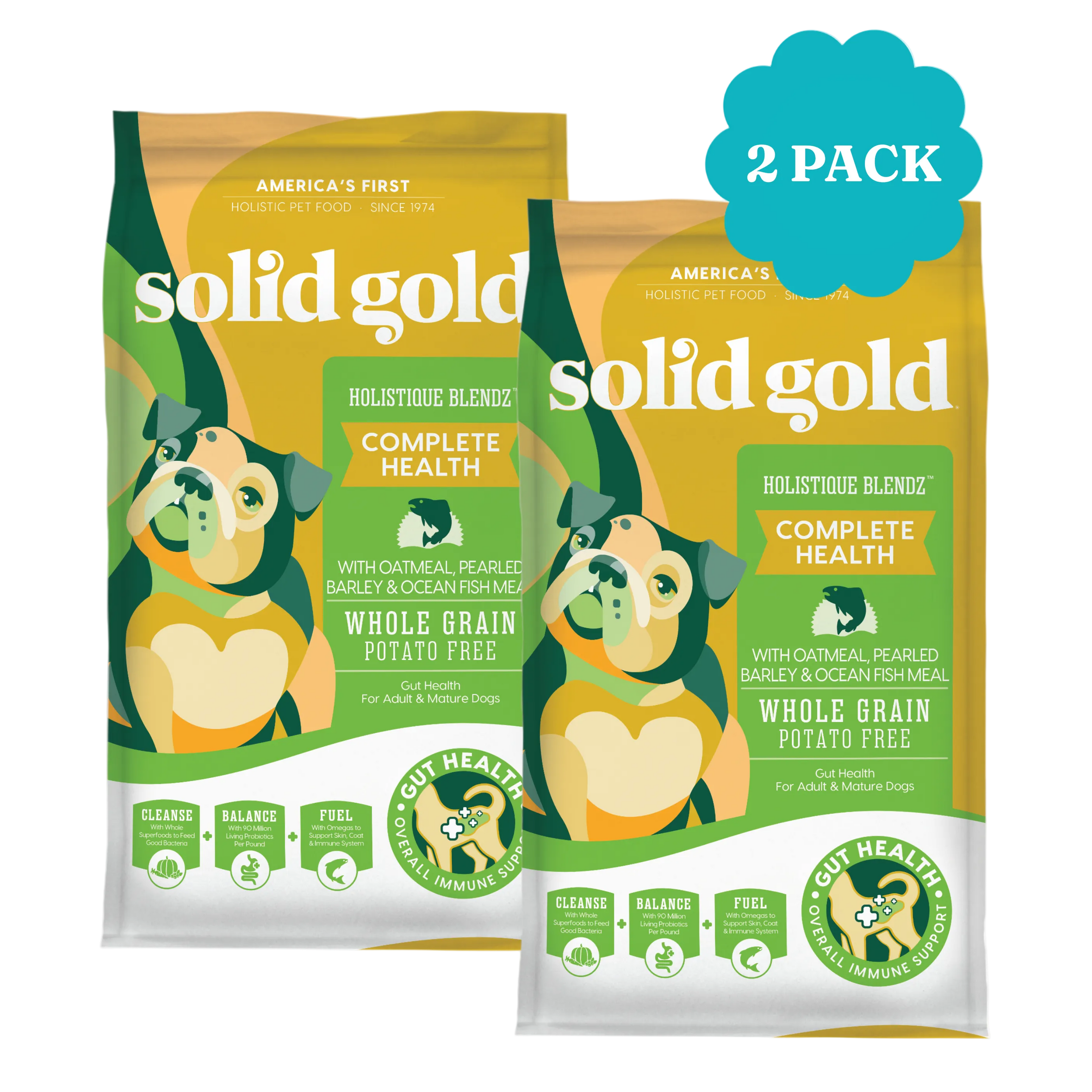 Two bags of Solid Gold Holistique Blendz dry dog food featuring a dog illustration and information about ingredients.