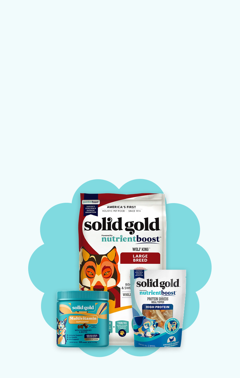 Solid Gold pet food products on a white background