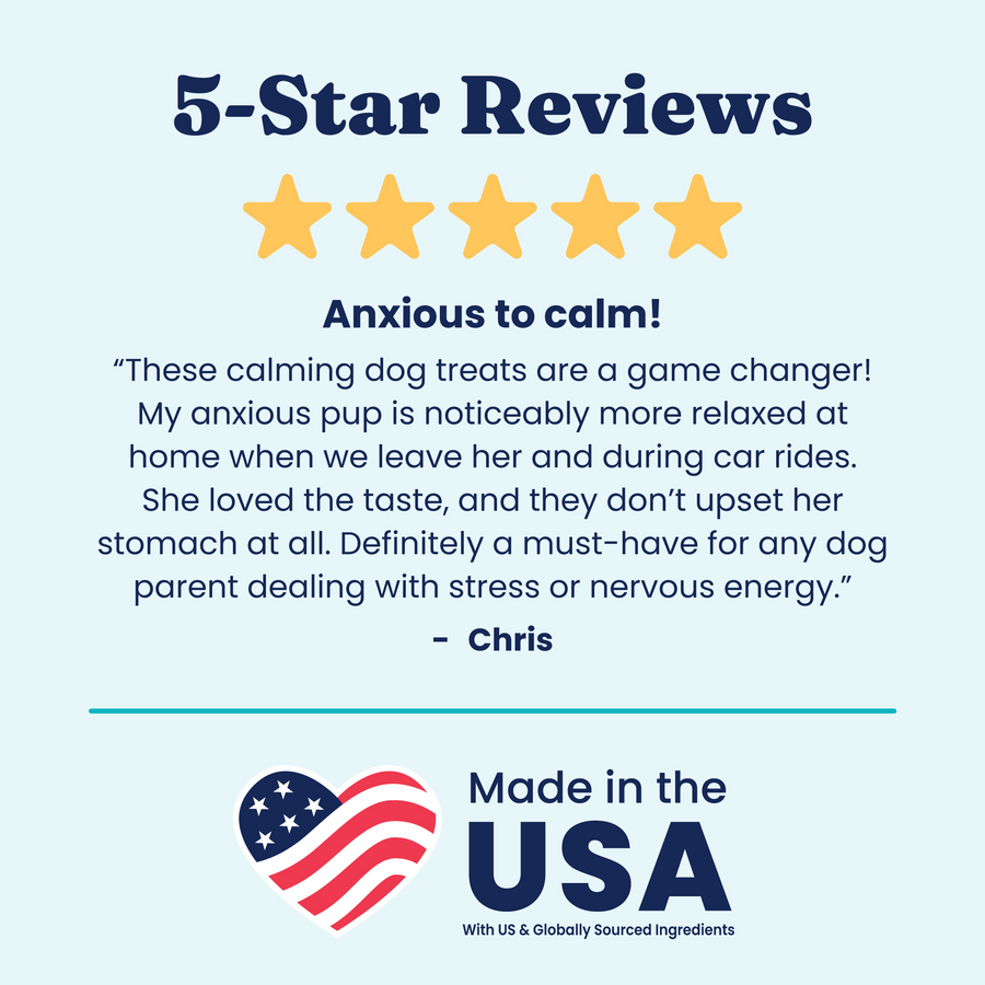 Five-star review highlighting calming dog treats that help reduce anxiety and are well-tolerated by dogs.