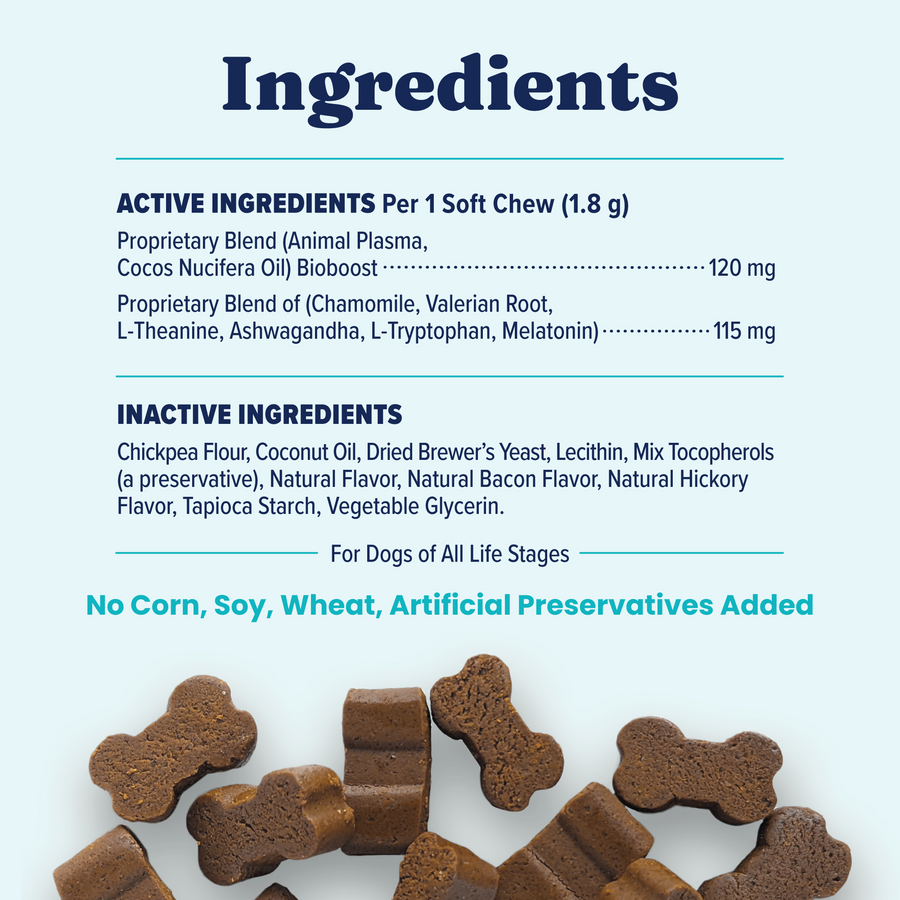 Ingredients list for calming bacon chews for dogs, including active and inactive components.