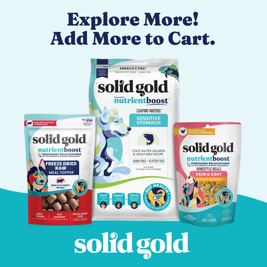 Three pet food products from Solid Gold, including meal toppers and recipes for sensitive stomachs and skin & coat.