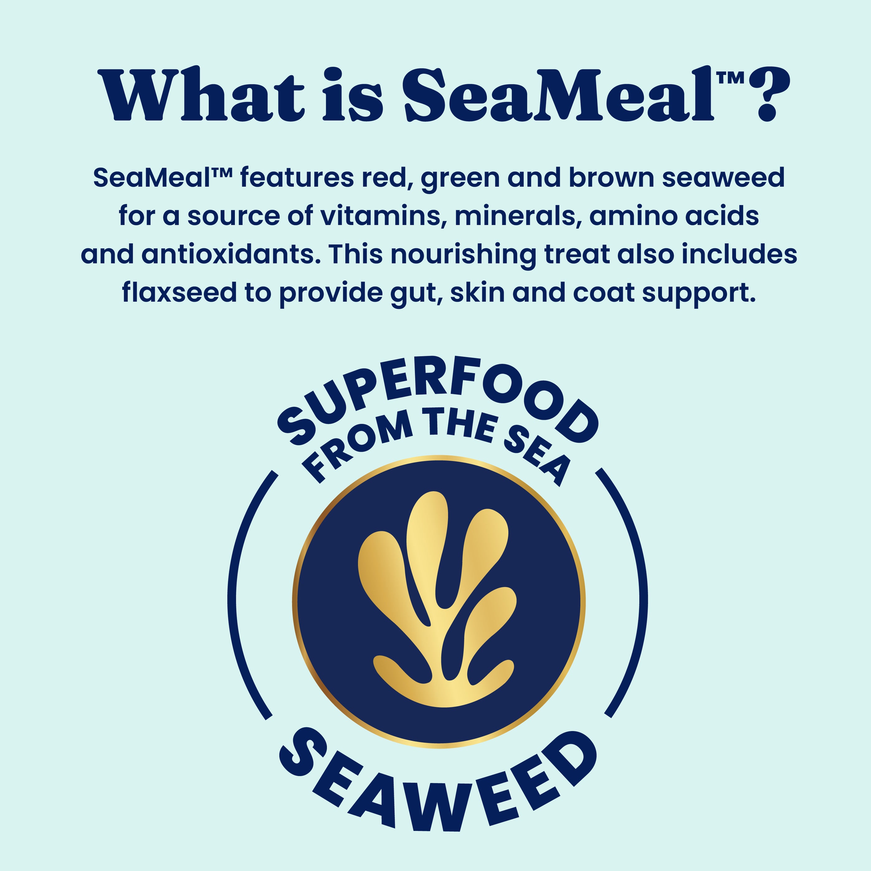 Text explaining SeaMeal™ as a supplement for pets, highlighting its ingredients and benefits, with a logo featuring seaweed.