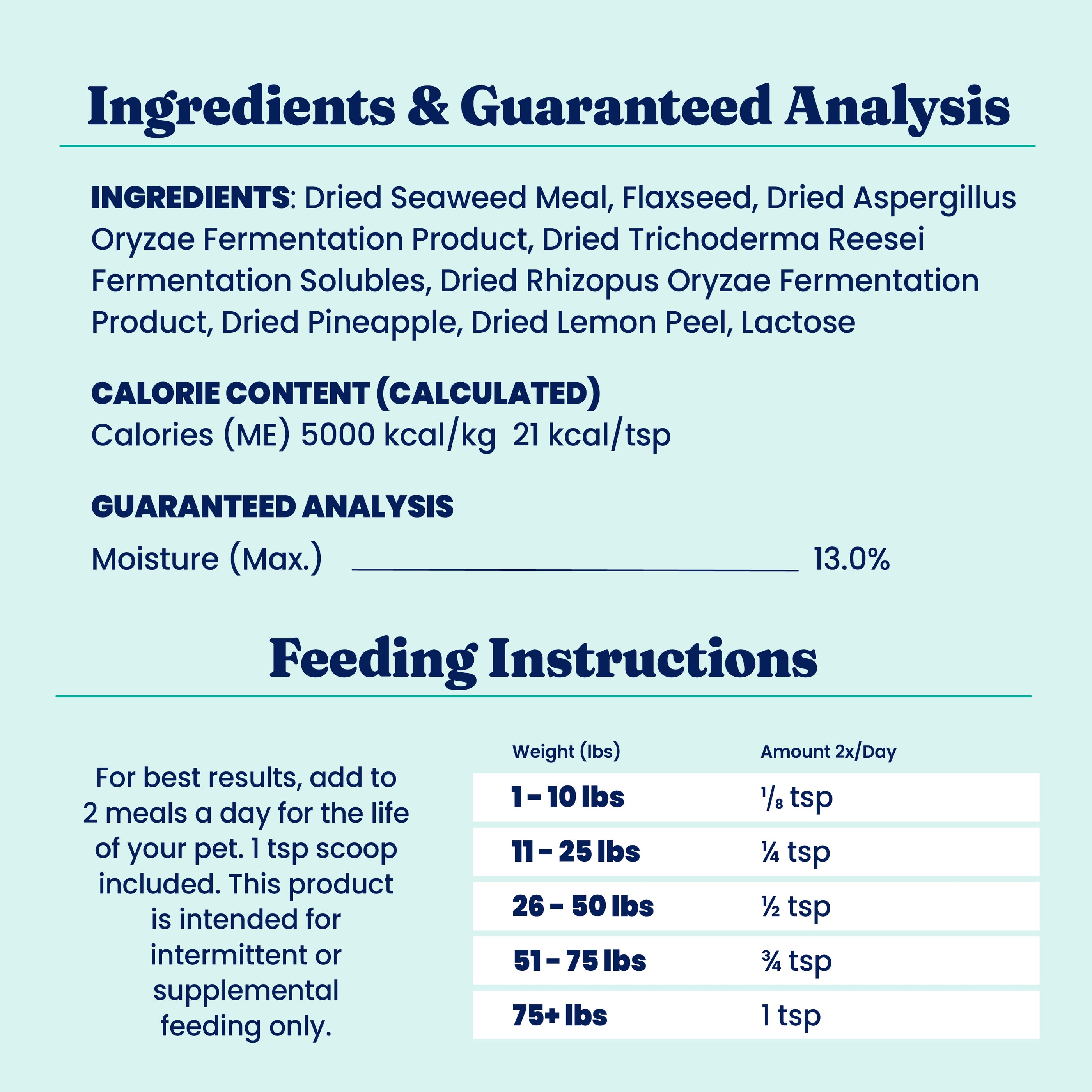 Ingredients list and feeding instructions for SeaMeal™ Daily Wellness Supplement Powder for dogs and cats.