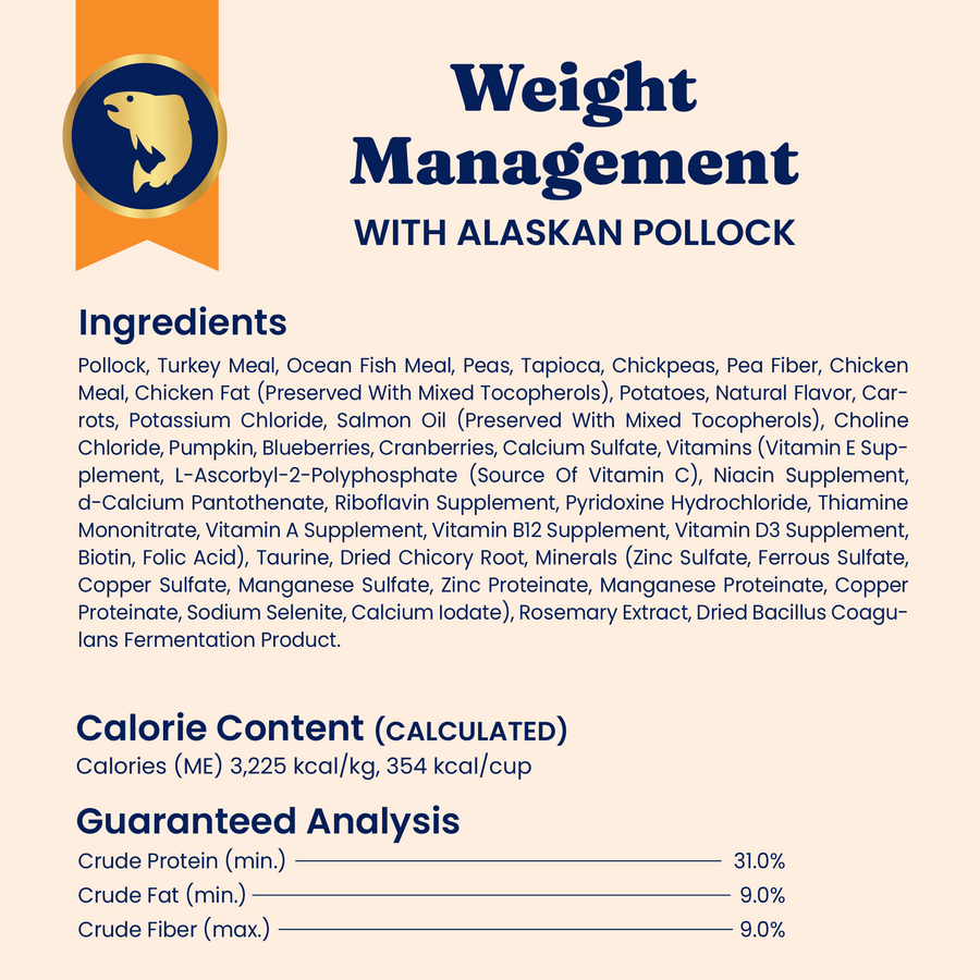 Dry cat food featuring Alaskan pollock, with ingredients for weight management and guaranteed analysis details.