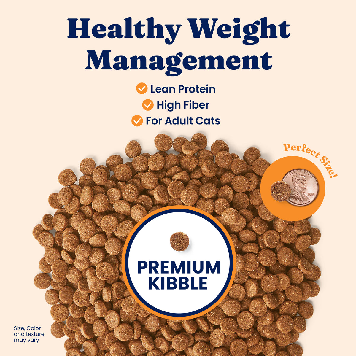 Brown cat kibble scattered on a surface, with a penny for size reference and text highlighting its features.
