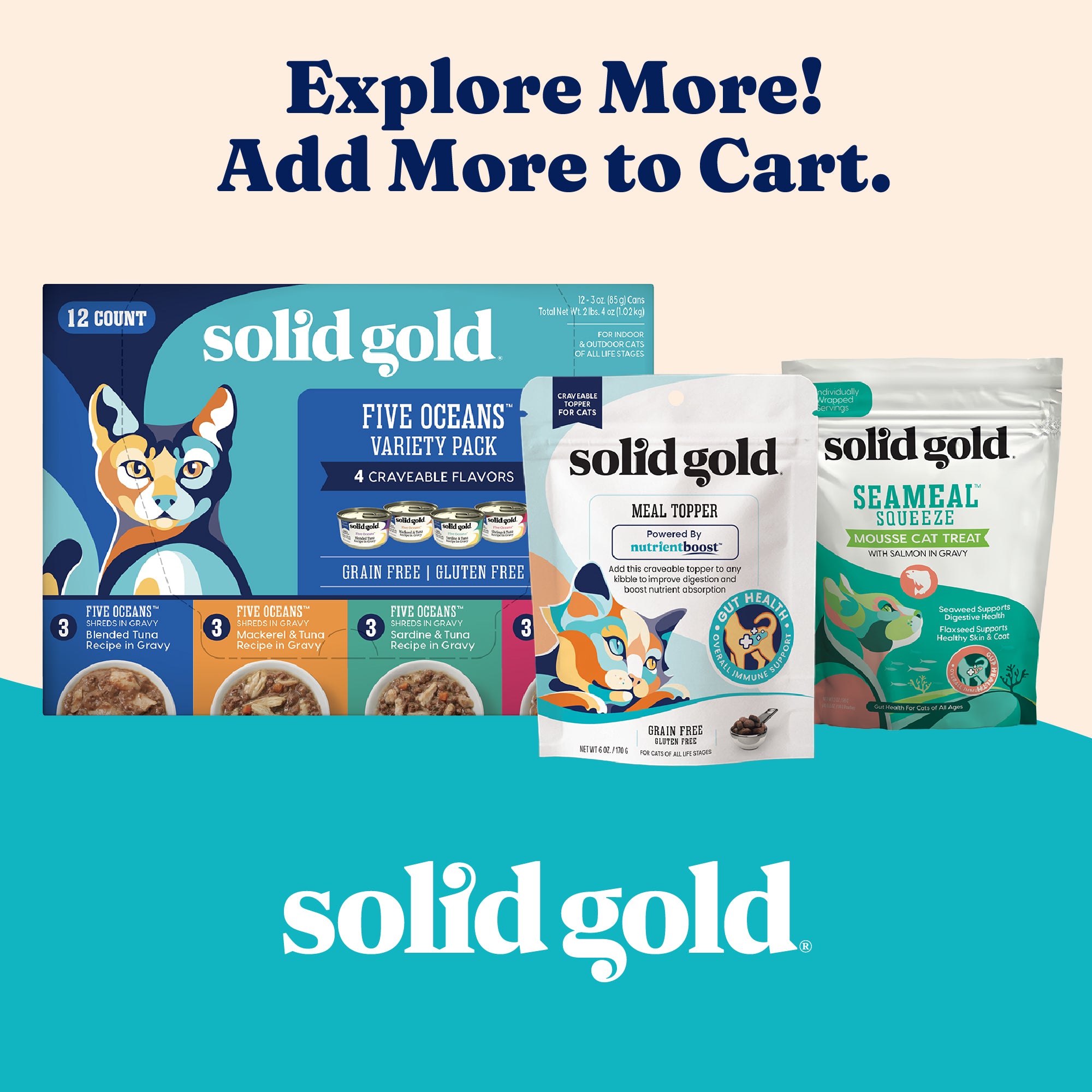 Variety pack of cat food cans, meal topper, and mousse cat treat displayed with branding elements.