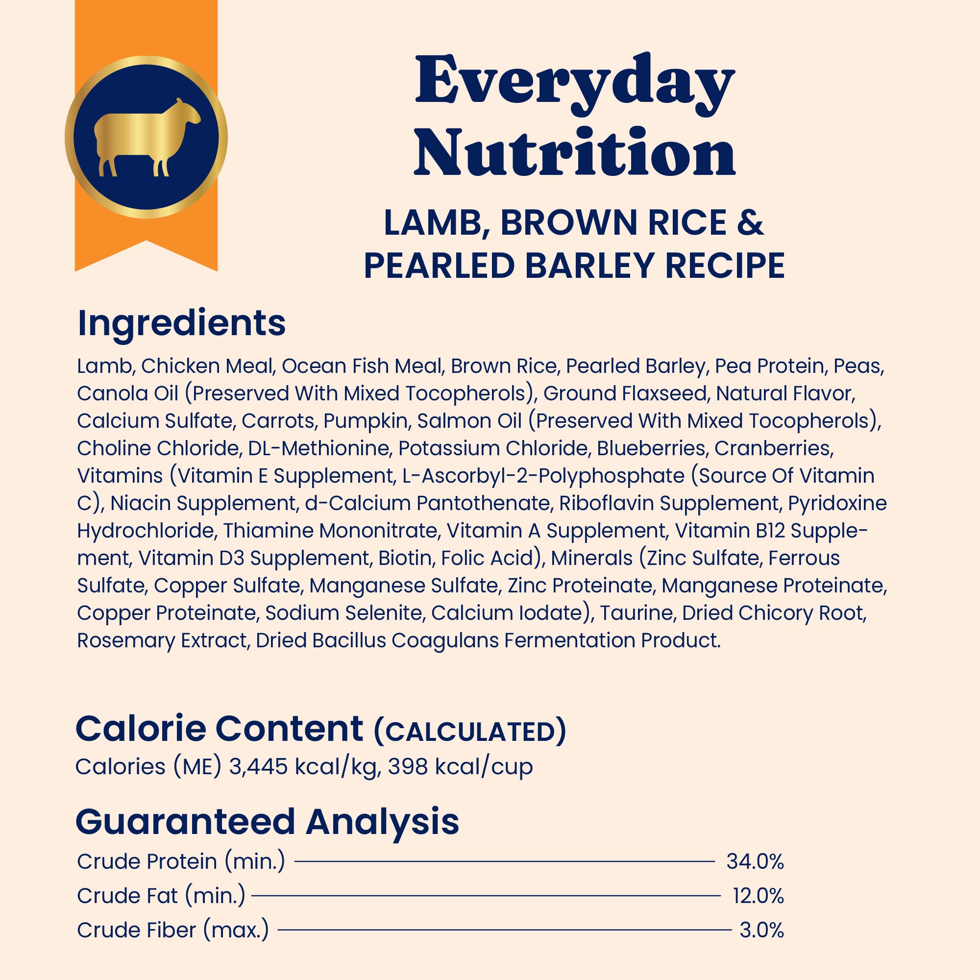 Nutritional information and ingredient list for Katz-N-Flocken™ Lamb & Brown Rice Dry Food for cats.