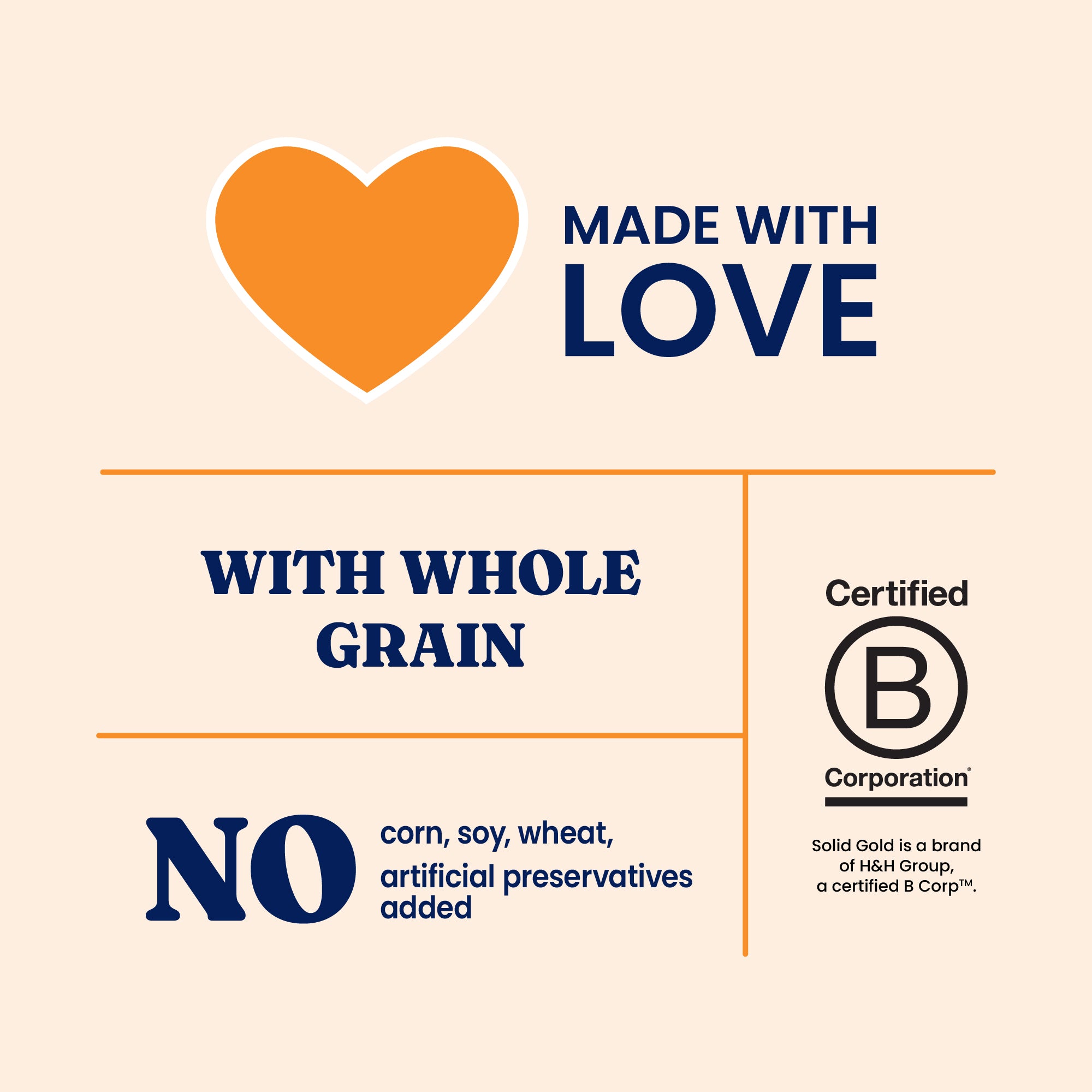 Label features a heart symbol, text stating "Made with Love," "With Whole Grain," and "No corn, soy, wheat, artificial preser