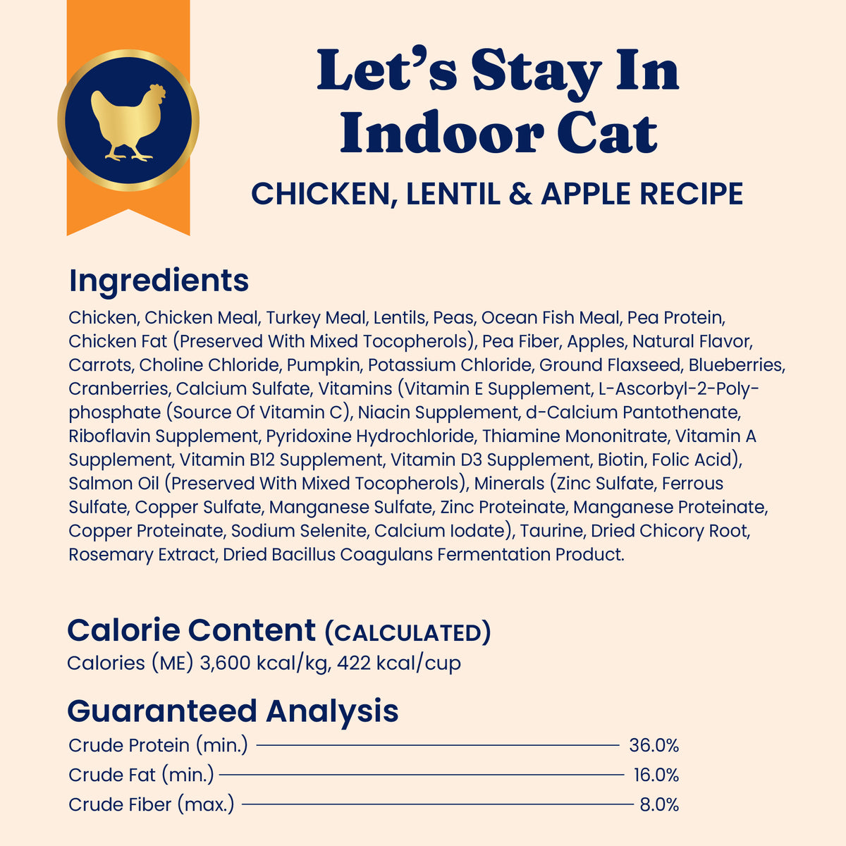 Dry cat food featuring chicken, lentils, and apple, with a detailed ingredient list and guaranteed analysis.