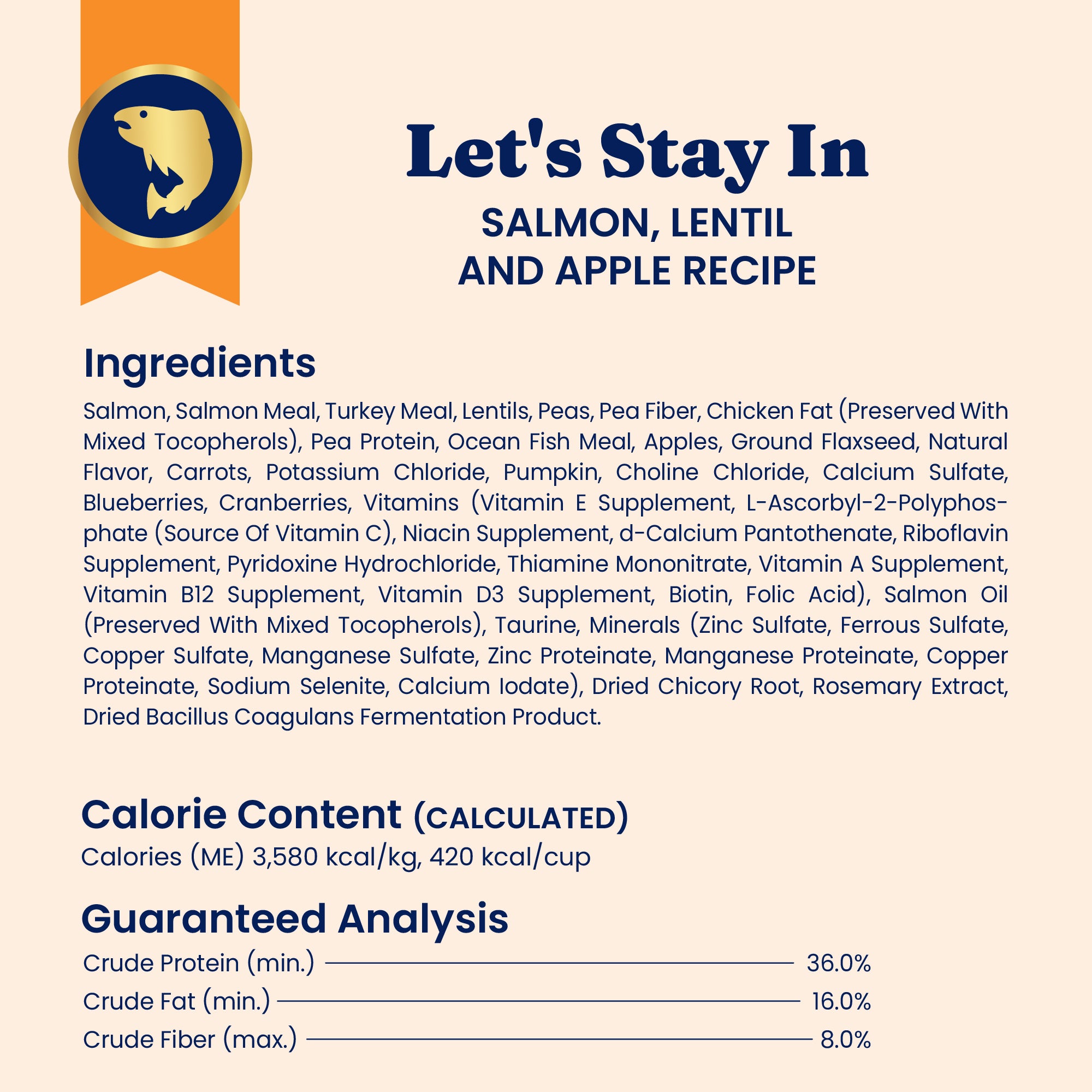 Dry cat food featuring salmon, lentils, and apple, with a detailed ingredient list and guaranteed analysis.