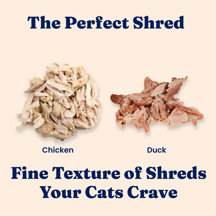 Shredded chicken and duck meat displayed side by side on a neutral background.