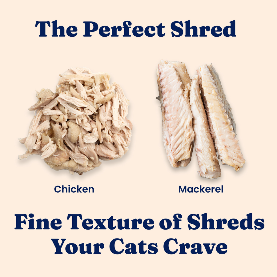 Shredded chicken and mackerel displayed separately on a light background, labeled for clarity.