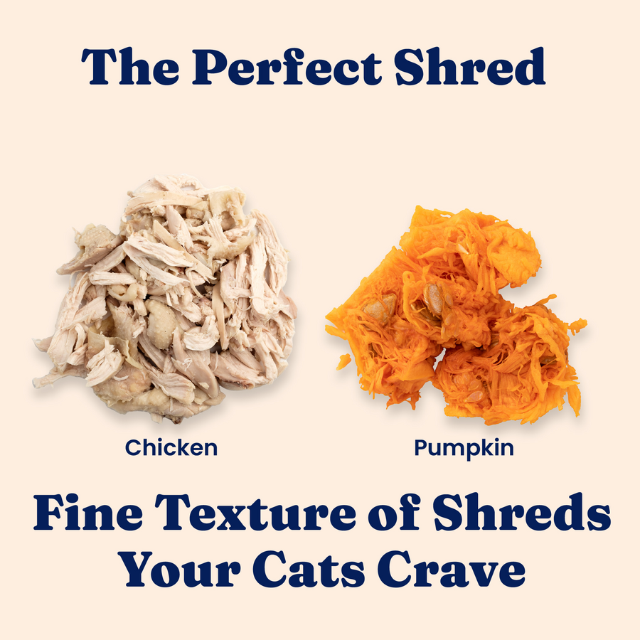 Shredded chicken and pumpkin pieces displayed side by side on a light background.