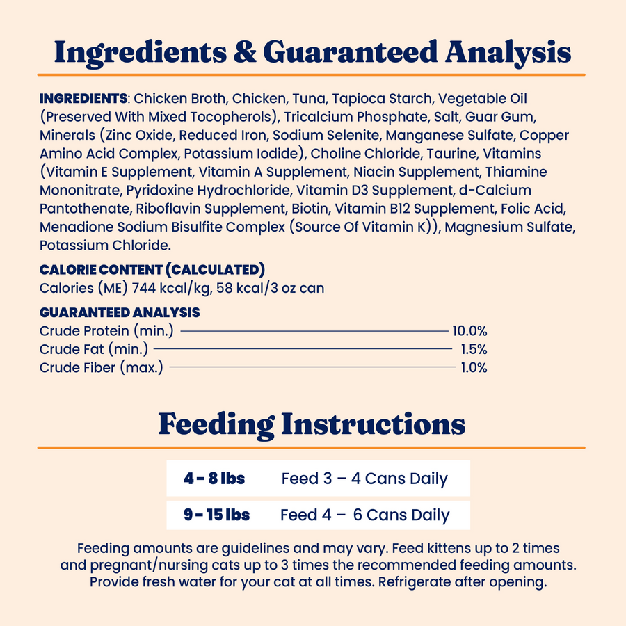 Wet cat food ingredients and guaranteed analysis, including feeding instructions and calorie content.