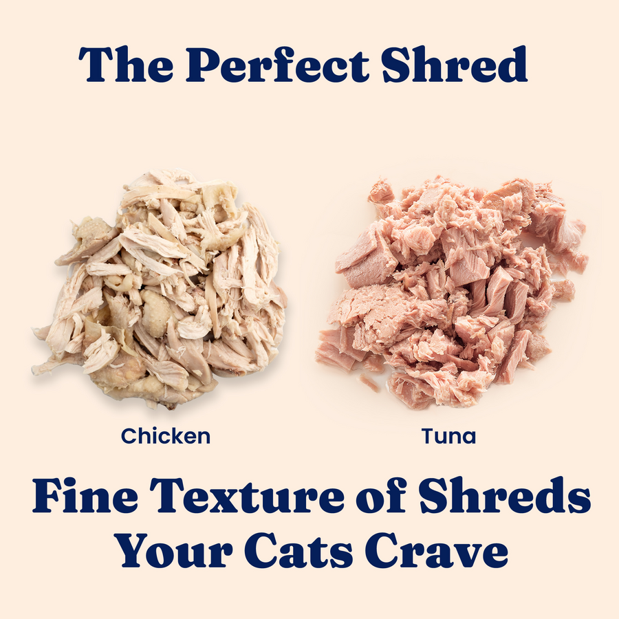 Shredded chicken and tuna displayed side by side on a light background.