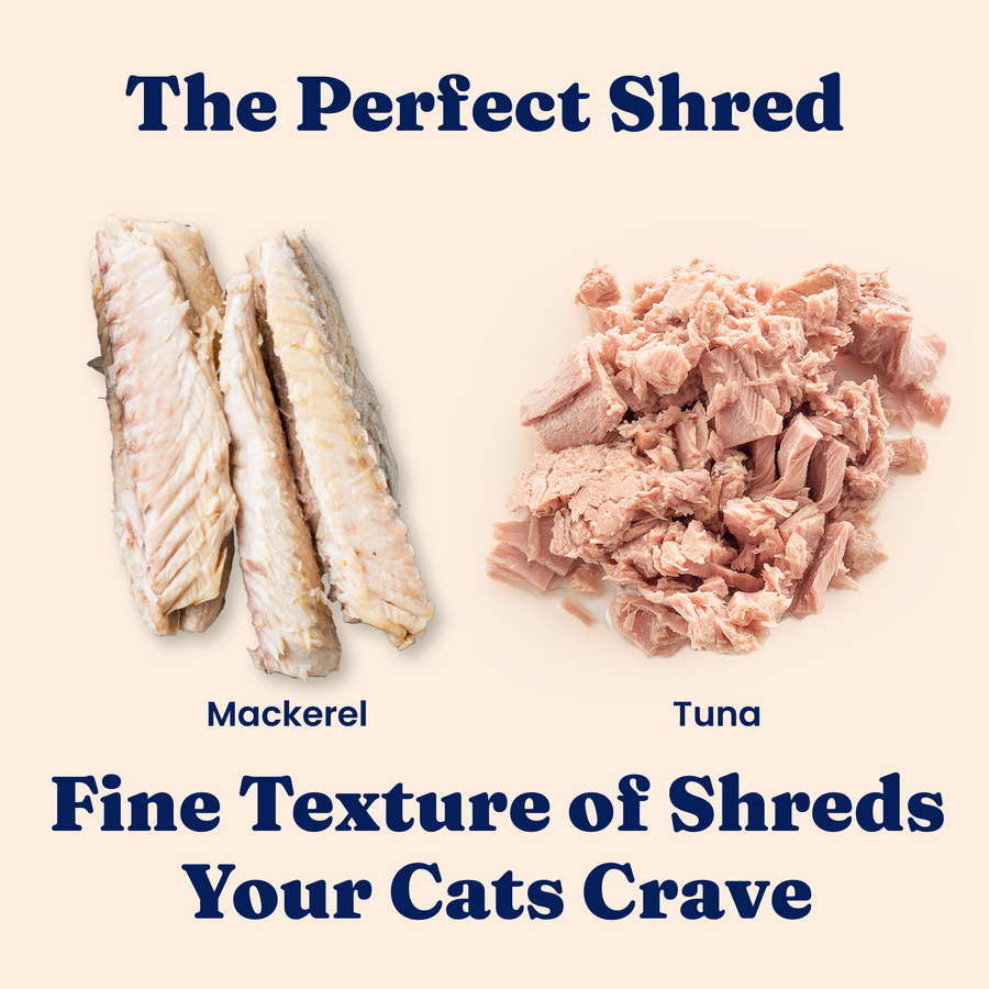 Mackerel fillets and shredded tuna displayed side by side on a light background.