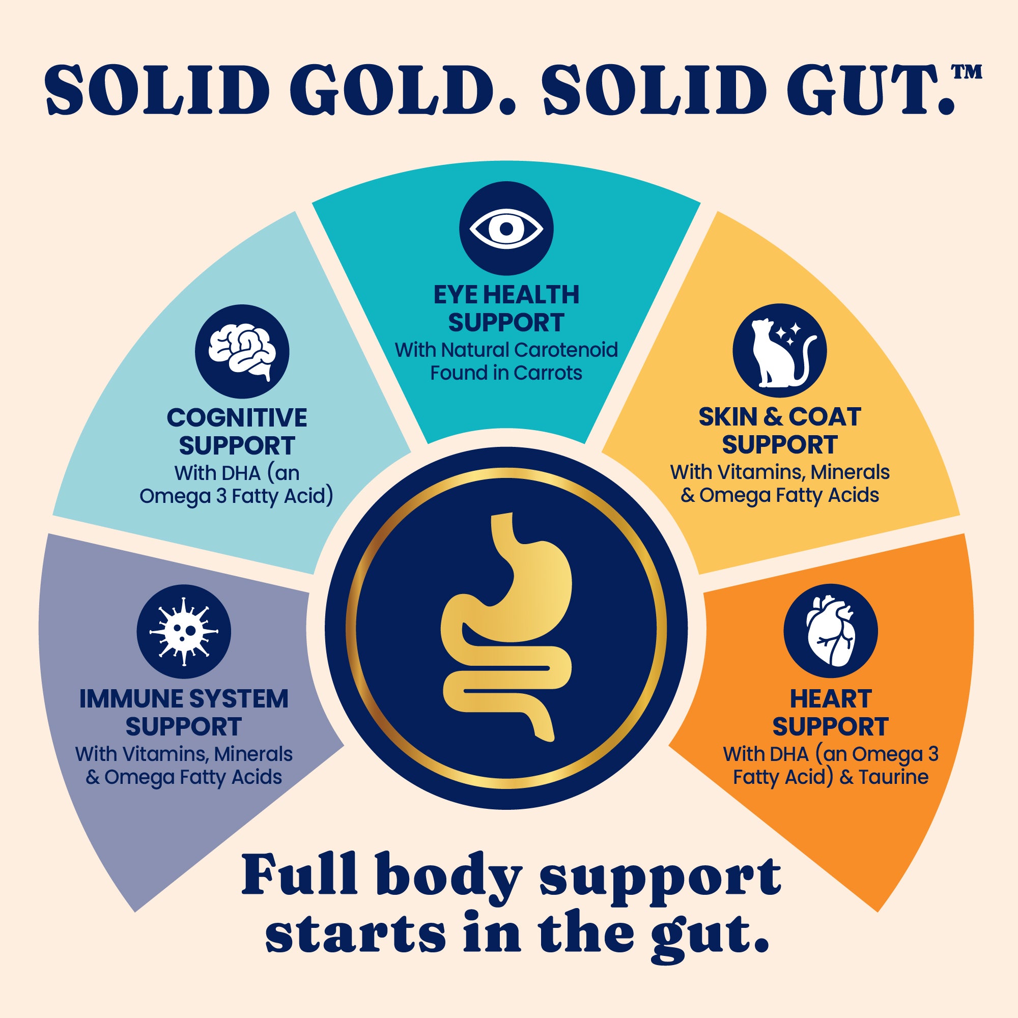 Graphic showing benefits of Solid Gold cat food, including eye, cognitive, skin, immune, and heart support.