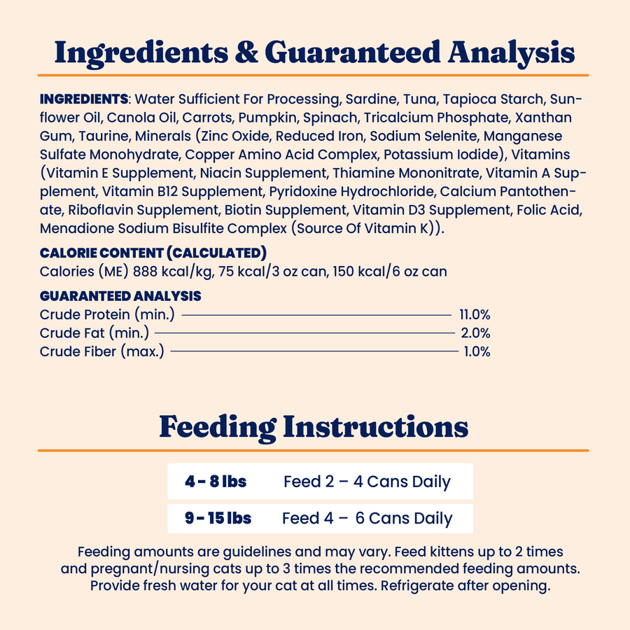 Wet cat food featuring sardine and tuna, with detailed ingredient list and feeding instructions.
