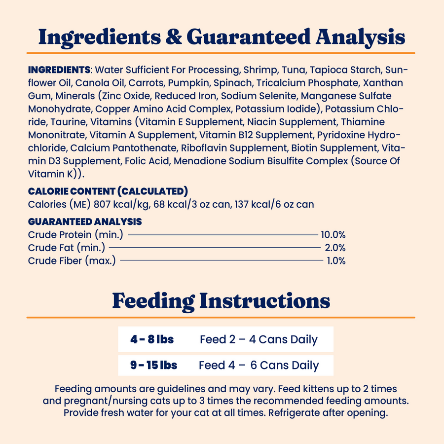 Wet cat food featuring shrimp and tuna, with various vitamins and minerals for balanced nutrition.
