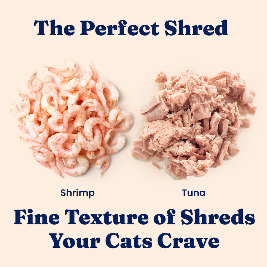 Shrimp and shredded tuna are displayed side by side on a light background.