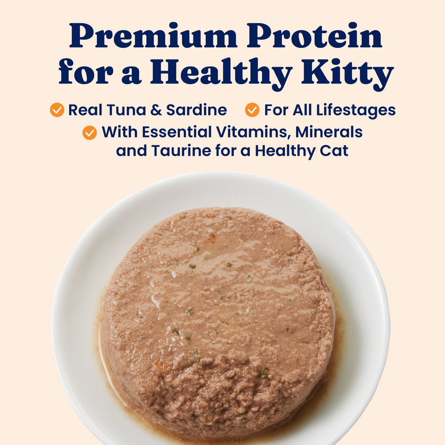 Wet cat food paté featuring tuna and sardine, presented in a white bowl.