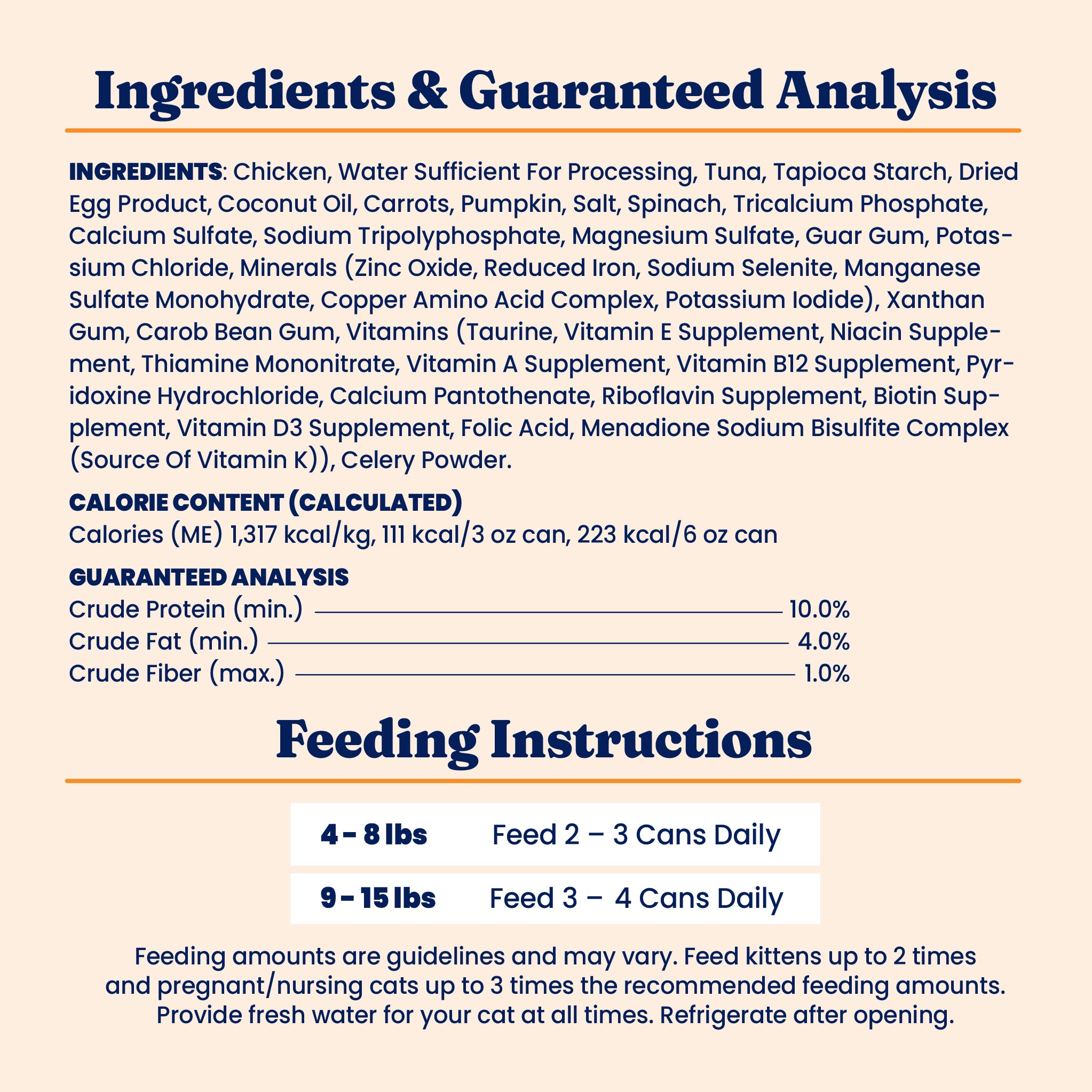 Wet cat food ingredients and guaranteed analysis, including feeding instructions and calorie content.