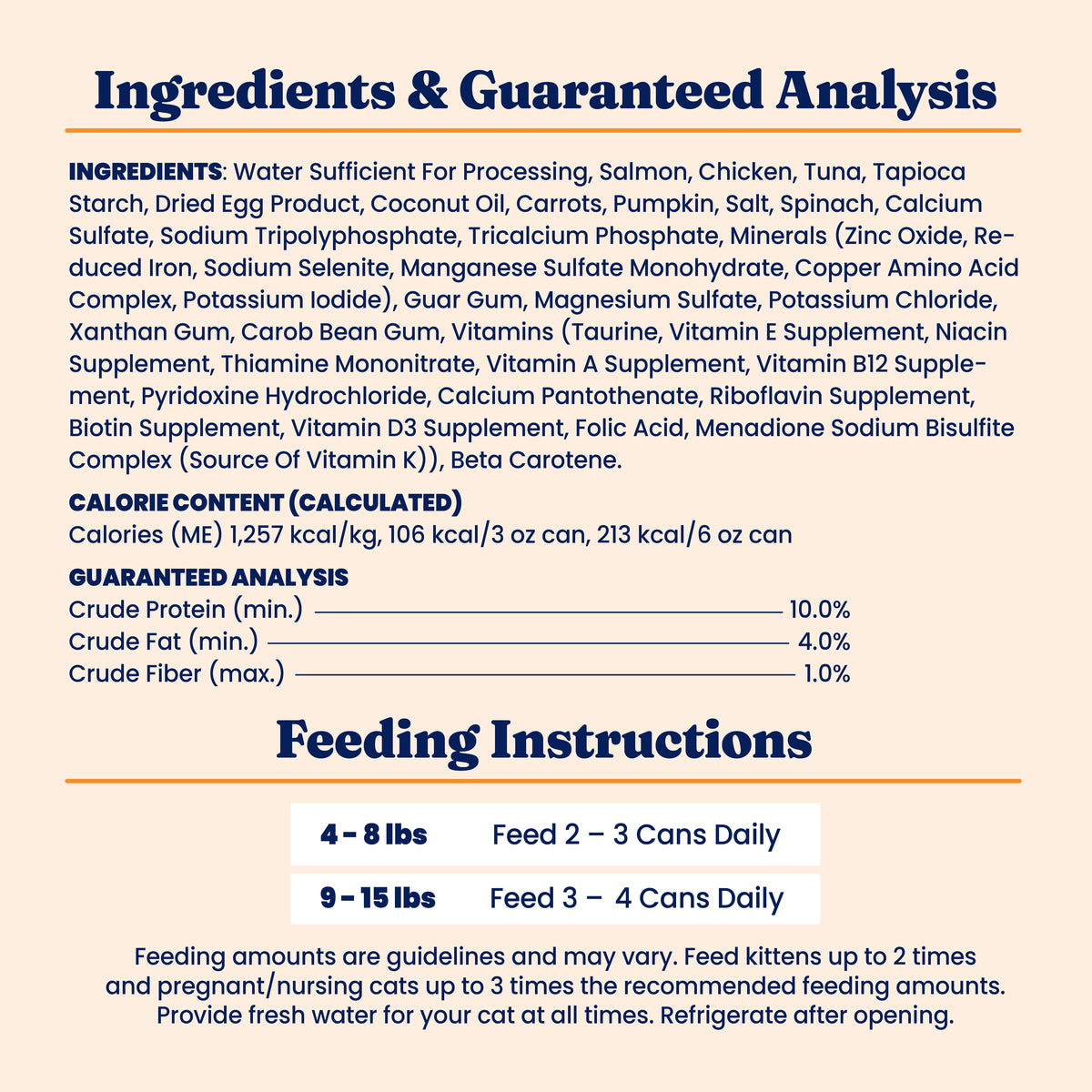 Ingredients and guaranteed analysis for salmon wet food for cats, including feeding instructions and calorie content.
