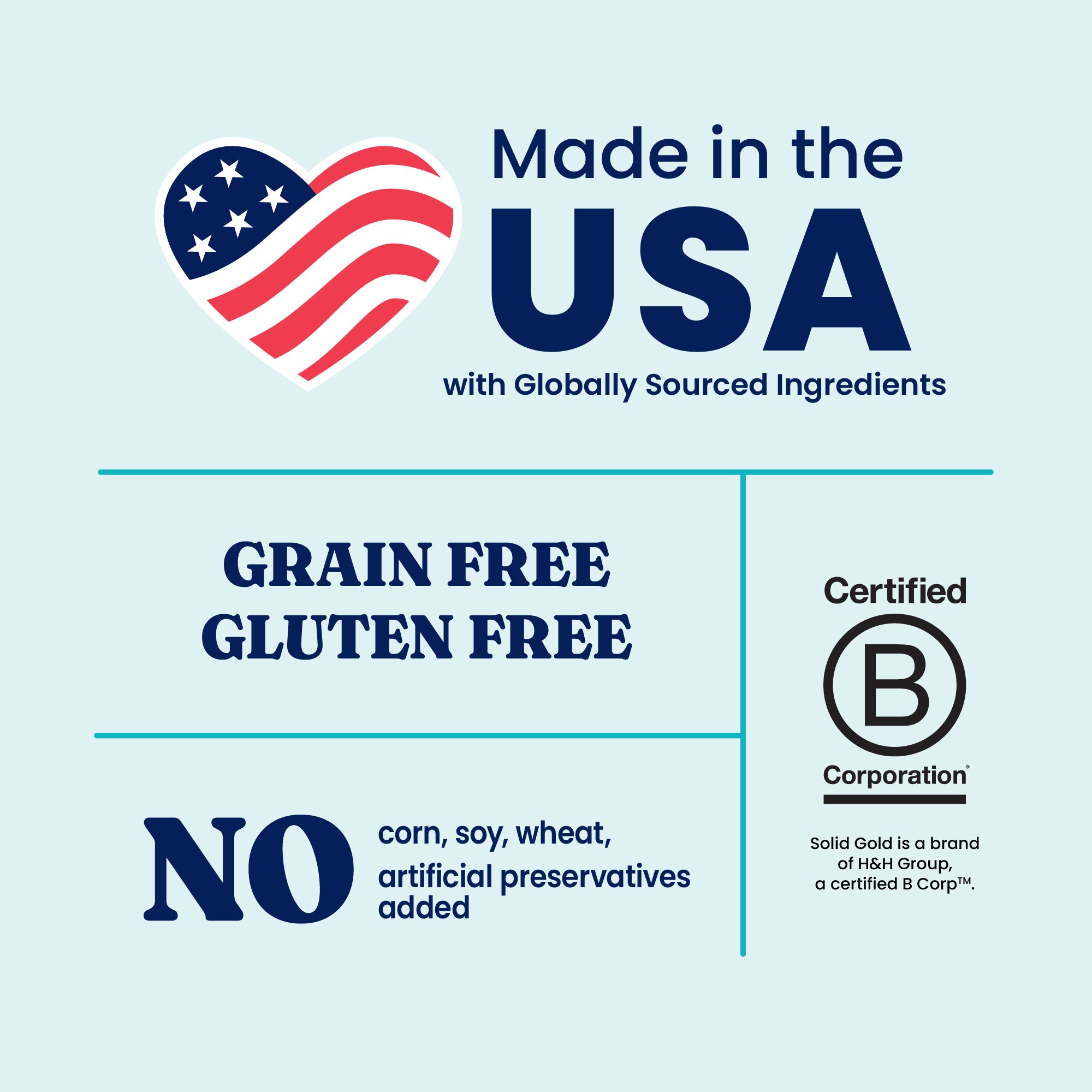 Label displaying "Made in the USA," grain-free, gluten-free, and no artificial preservatives, with a B Corporation logo.