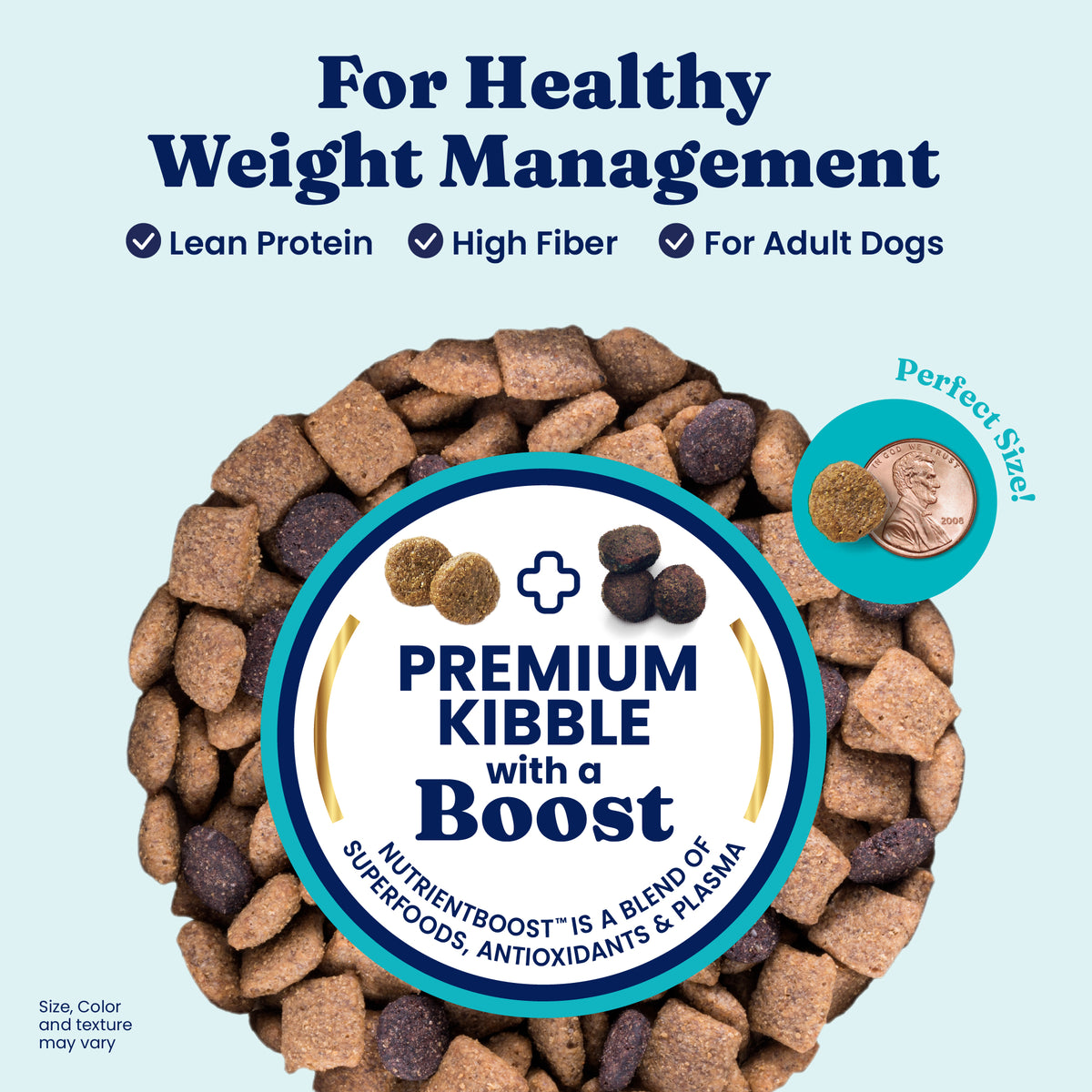 Dry dog food kibble in various shapes and colors, with a coin for size reference and text highlighting benefits.