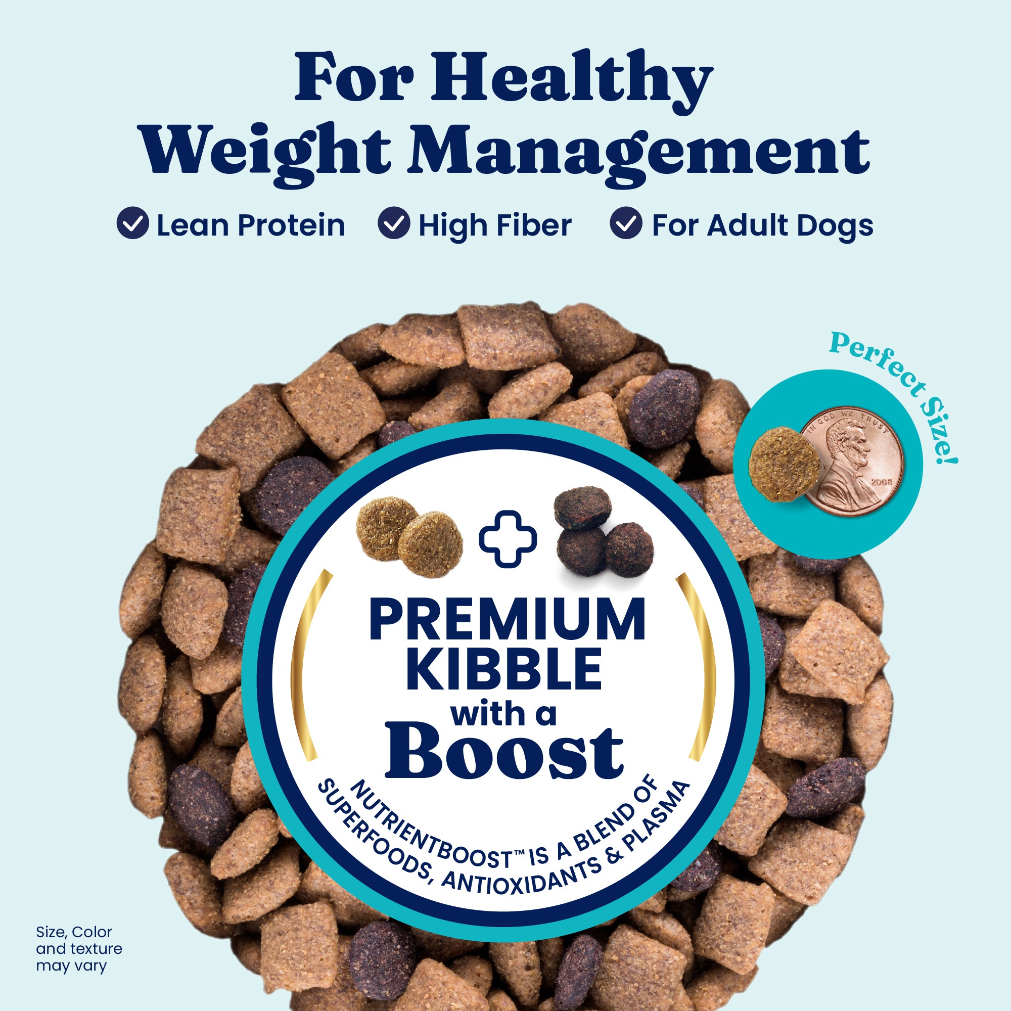 Dry dog food kibble in various shapes and colors, with a coin for size reference and text highlighting benefits.