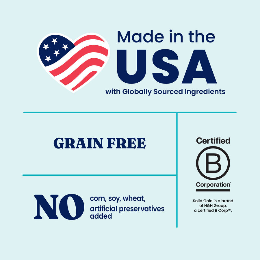 Label stating "Made in the USA," grain-free, and no corn, soy, wheat, or artificial preservatives added.